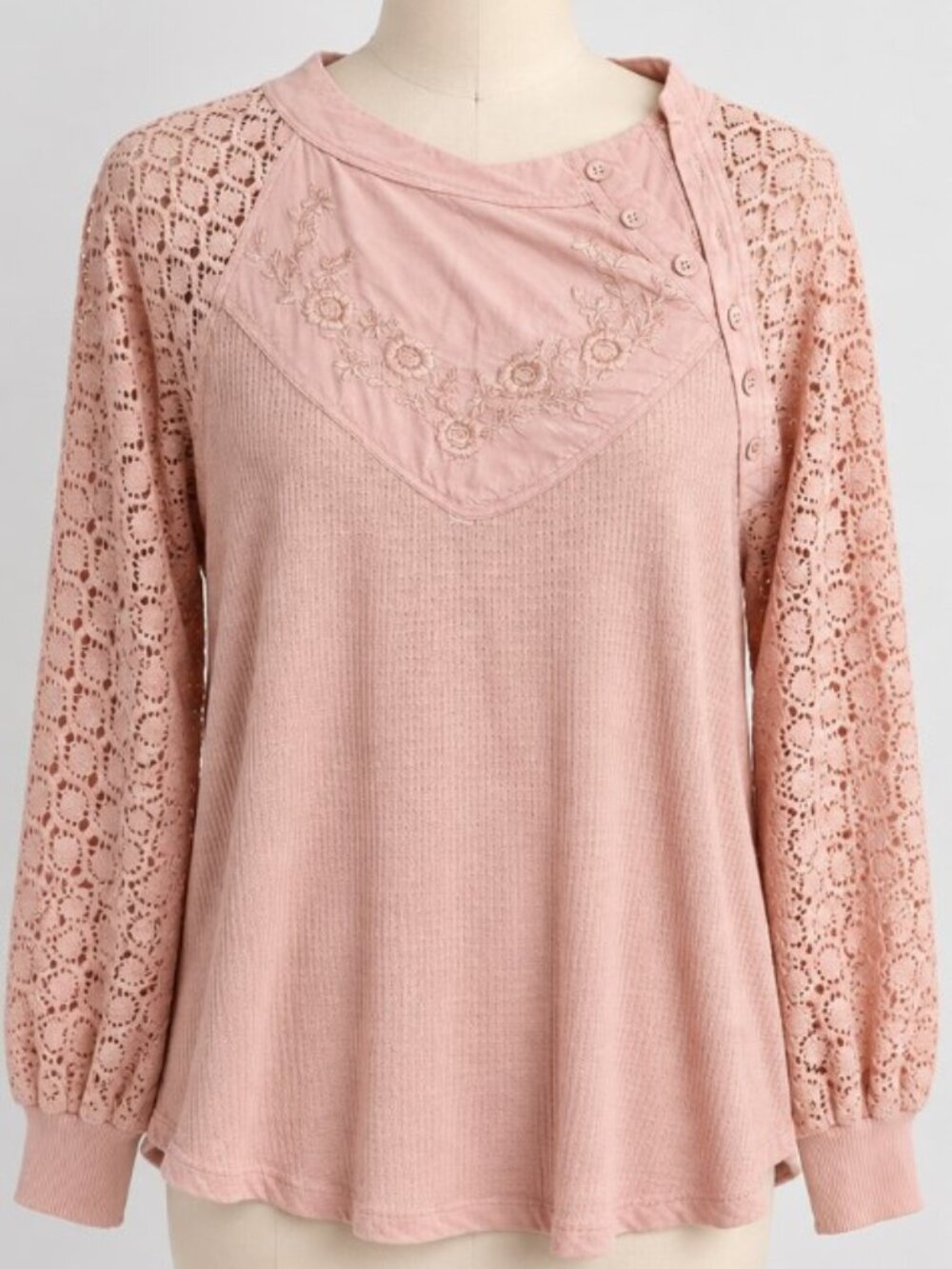 Free People Sweetest Thing Pink Lace Embroidered Thermal Top